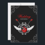 Faire-part de mariage Rock and Roll<br><div class="desc">Faire-part de mariage non conventionnelle sur rouge, blanc et noir avec un thème rock and roll avec illustration de guitares électriques, ailes et élégants ornements baroques vintages. Personnalisez-le avec vos propres informations ou cliquez sur "Customiser" si vous avez besoin de modifier la mise en page, les couleurs et le texte....</div>