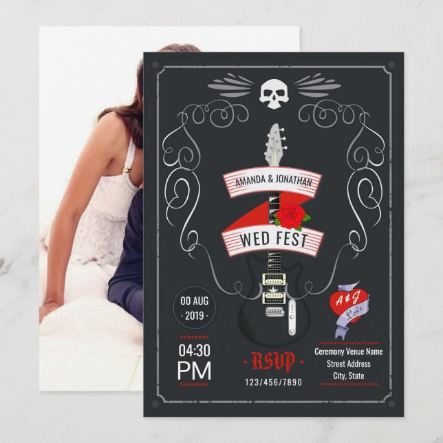 Faire-part de mariage Rock and Roll sur tableau no (Devant / Derrière)