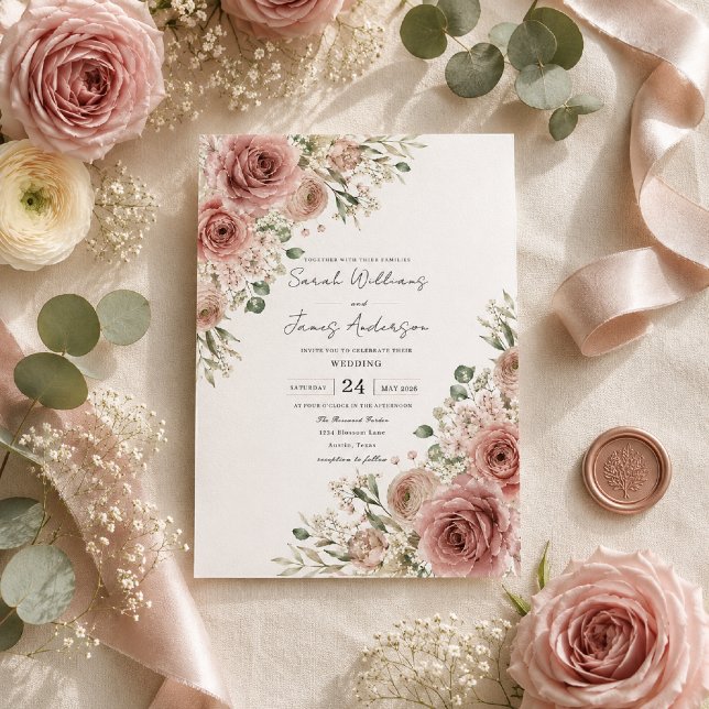 Faire-part de mariage Romance Dusty Rose (Luxury flat lay featuring our Dusty Rose Romance wedding invitation on premium ivory cardstock.)
