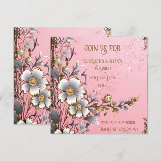 Faire-part de mariage Romance Florale Rose Fantais (Devant / Derrière)