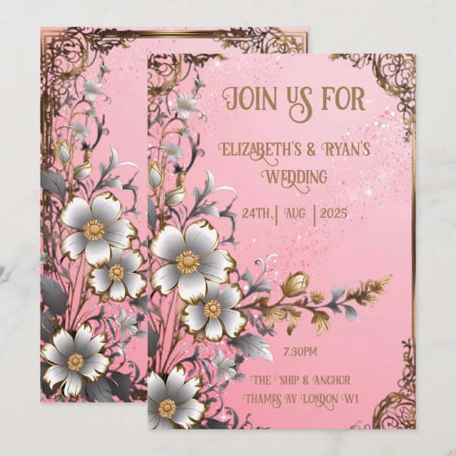 Faire-part de mariage Romance Florale Rose Fantais (Devant / Derrière)