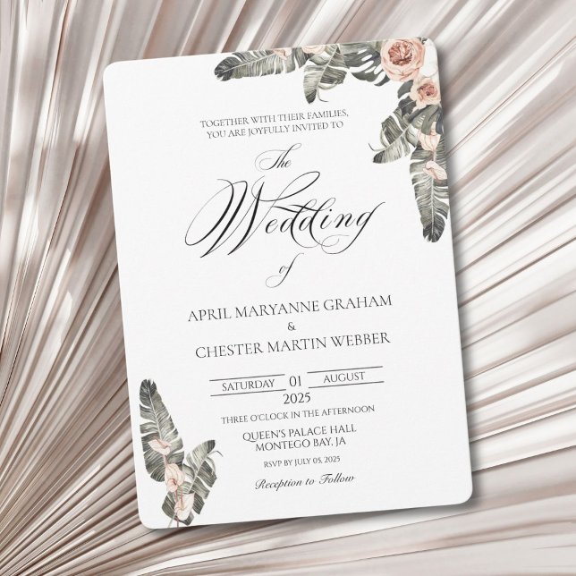 Faire-part de mariage Romance Palm Noir (Elegant tropical theme invitation. Perfect for a destination wedding.)