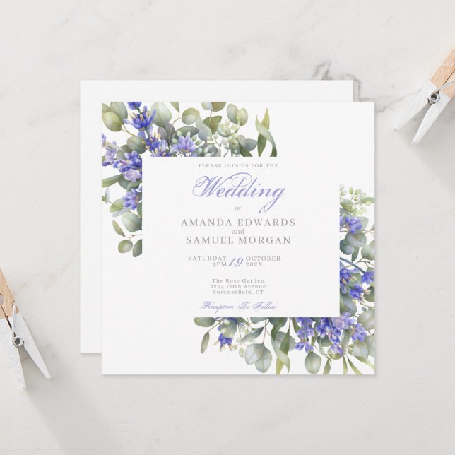 Faire-part de mariage romantique à l'eucalyptus et (Devant/Arrière en situation)