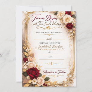 Faire-part de mariage romantique à motif floral or