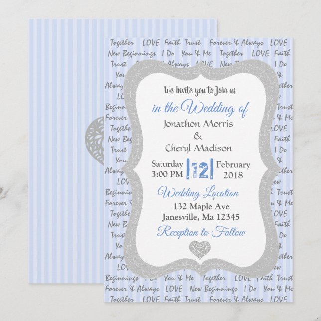 Faire-part de mariage romantique bleu et gris (Devant / Derrière)
