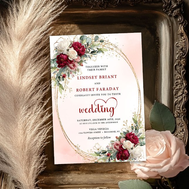 Faire-part de mariage romantique burgundy boho flo (Romantic Burgundy Boho Floral Gold Wedding Invite)