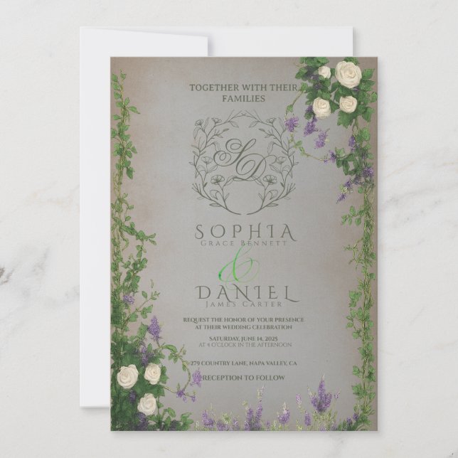Faire-part de mariage romantique de jardin médiéva (Devant)