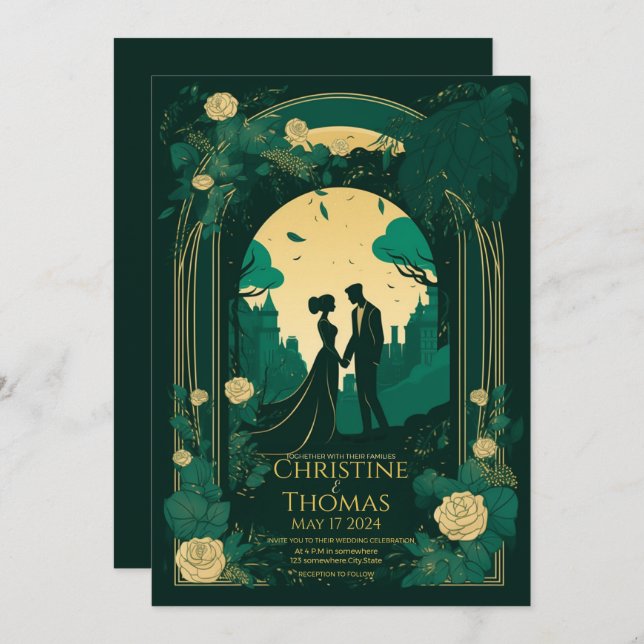Faire-part de mariage romantique Emerald Green et  (Devant / Derrière)