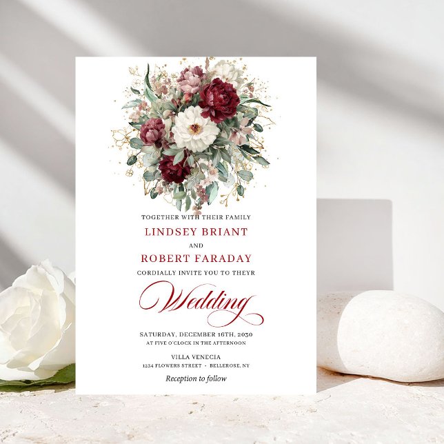 Faire-part de mariage romantique en Bourgogne blan (Romantic Burgundy White Floral Gold Wedding Invite)