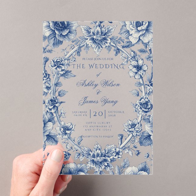 Faire-part de mariage romantique floral bleu éléga (In situ (ordinateur de poche))
