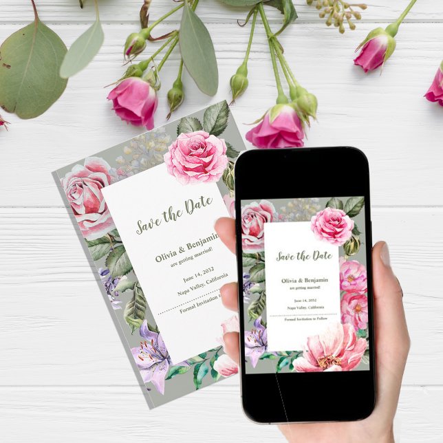 Faire-part de mariage romantique floral jardin à l (Blush Garden Floral Wedding Announcement Card | Romantic Rose Botanical Flat Announcement)