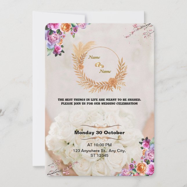 Faire-part de mariage romantique floral or (Devant)