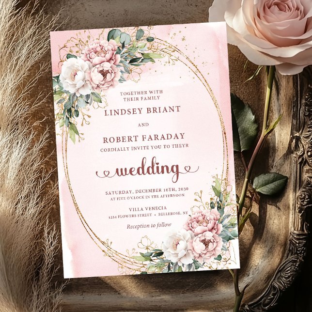 Faire-part de mariage romantique floral vert rose  (Romantic Floral Greenery Rose Gold Wedding Invite)