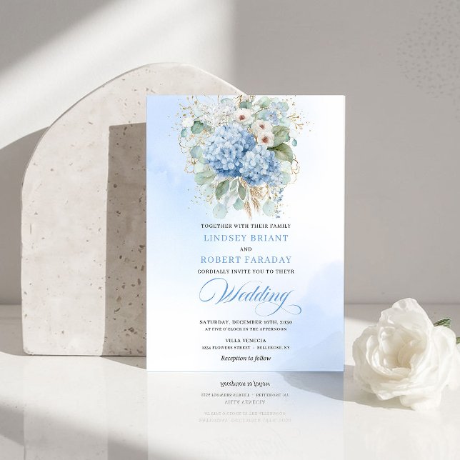 Faire-part de mariage romantique hydrangea bleu cl (Romantic Light Blue Hydrangea Gold Wedding Invite)