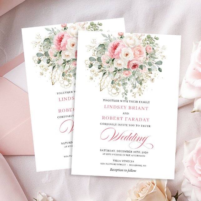 Faire-part de mariage romantique roses blush verdu (Romantic Blush Roses Greenery Gold Wedding Invite)