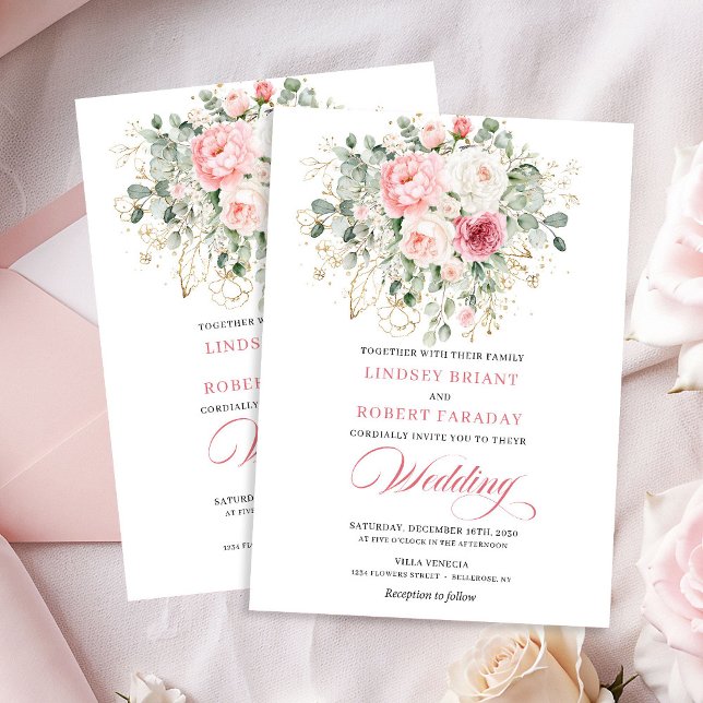 Faire-part de mariage romantique roses blush verdu (Romantic Blush Roses Greenery Gold Wedding Invite)