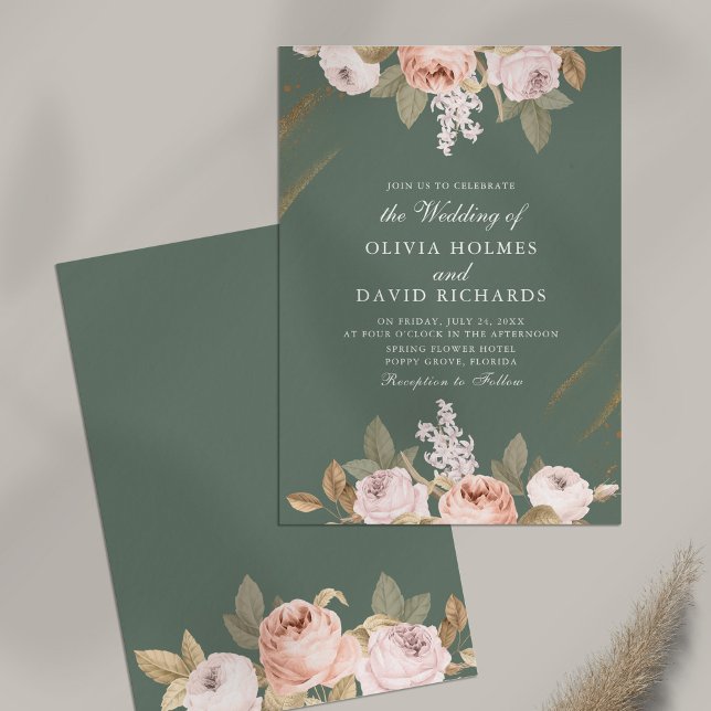 Faire-part de mariage romantique sauge vert paeoni (Romantic Sage Green Peony Wedding Invitation on table)