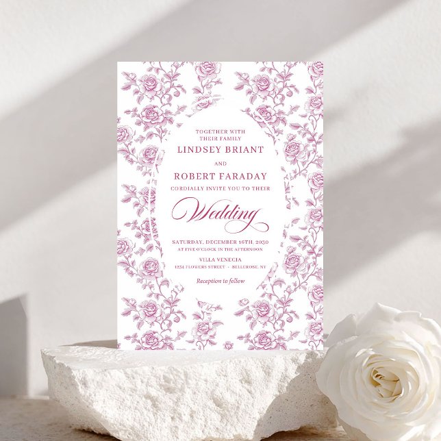 Faire-part de mariage romantique toile florale ros (Romantic Rose Gold Floral Toile Wedding Invitation)