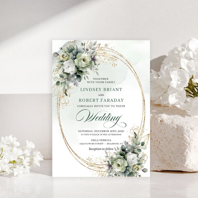 Faire-part de mariage romantique verdure or (Chic White Roses Eucalyptus Wedding Invite)