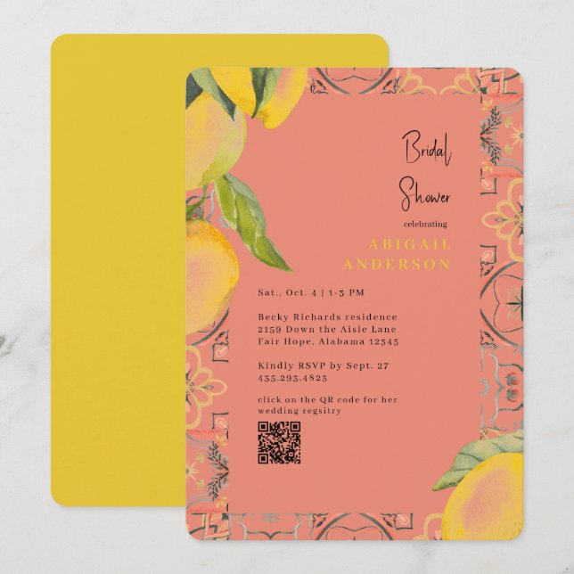 Faire-part de Mariage Rond Citrons Aquarelle Kaki  (Devant / Derrière)
