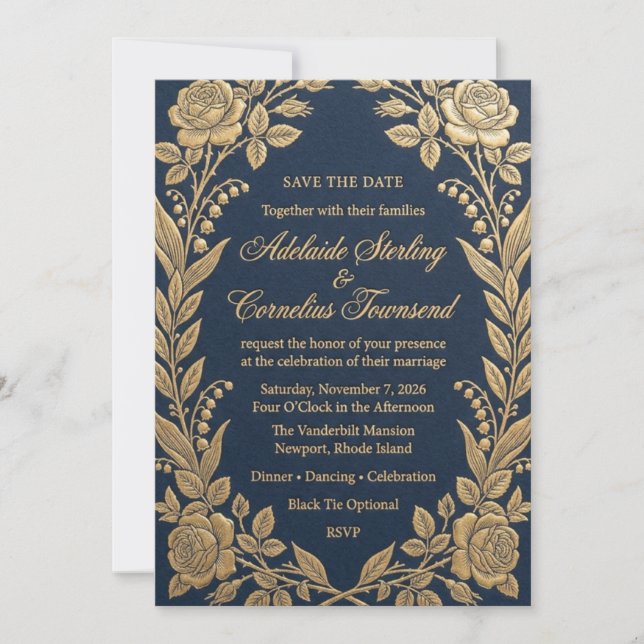 Faire-part de mariage Rose à feuille d'or et marin (Devant)