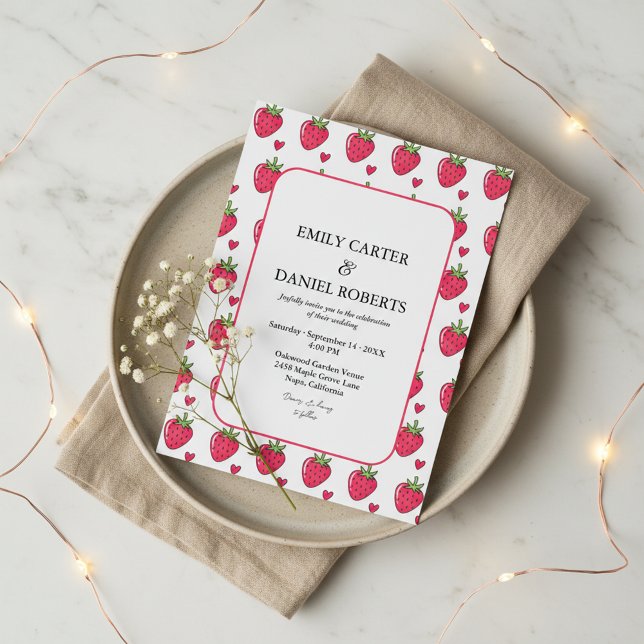 Faire-part de mariage rose à motif de fraise capri (Créateur téléchargé)