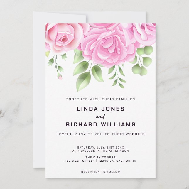 Faire-part de mariage Rose aquarelle (Devant)