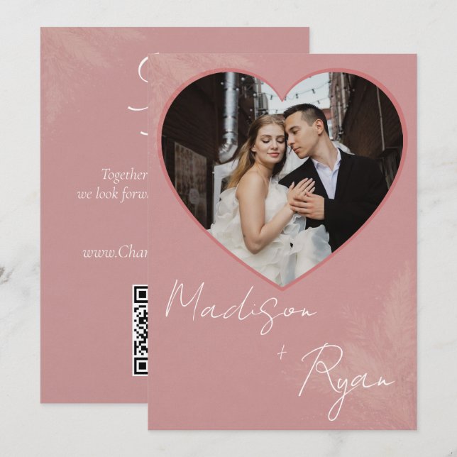 Faire-part de mariage rose avec photo et code QR (Devant / Derrière)