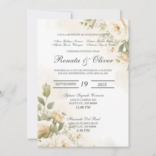 Faire-part de mariage rose blanche de jardin espag (Devant)