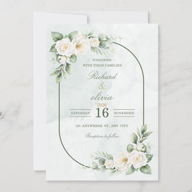 Faire-part de mariage Rose Blanche et Sauge Verte (Devant)