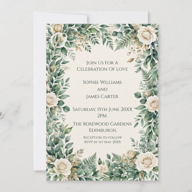 Faire-part de mariage Rose Blanche Verte (Devant)