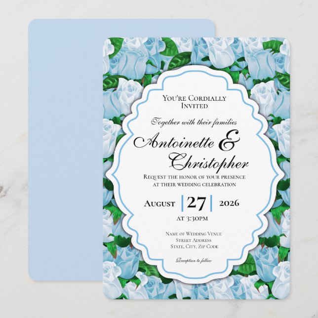 Faire-part de mariage Rose Bleue et Blanche avec B (Devant / Derrière)