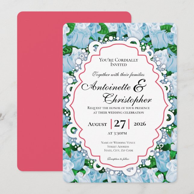 Faire-part de mariage Rose Bleue et Blanche avec B (Devant / Derrière)