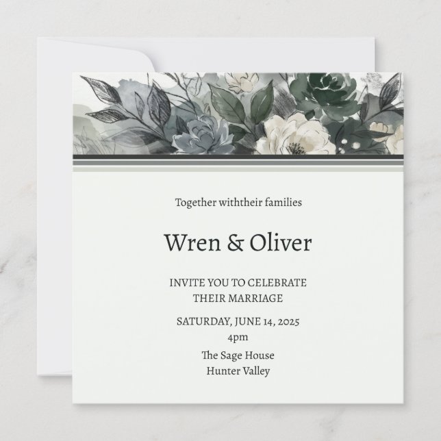 Faire-part de mariage Rose botanique vert foncé (Devant)