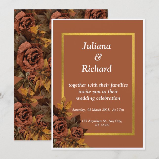 Faire-part de mariage Rose classique d'automne (Devant / Derrière)