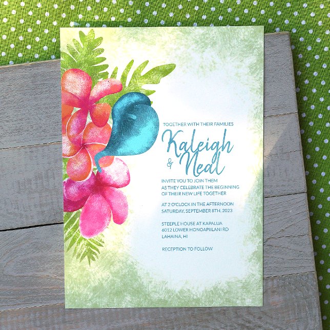 Faire-part de mariage rose, corail, sarcelle tropi (tropical teal calla lily, coral orange, pink plumeria flowers wedding invitations)