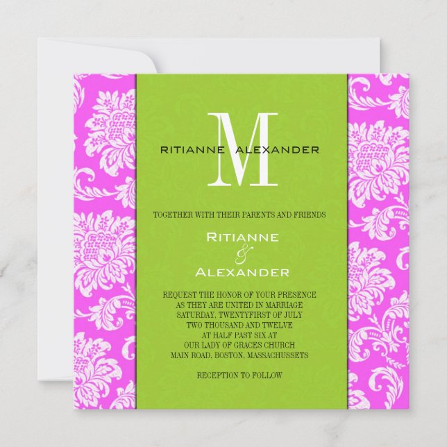 Faire-part de mariage rose Damas vert Monogramme (Devant)