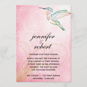 Faire-part de mariage rose d'aquarelle de colibri