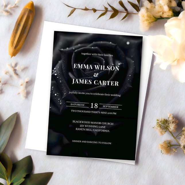 Faire-part de mariage Rose de minuit Floral Noir e (Créateur téléchargé)
