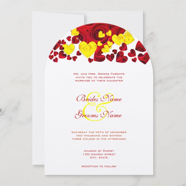 Faire-part de mariage Rose du coeur jaune et rouge (Devant)