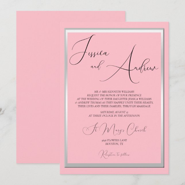 Faire-part de mariage rose et argent sophistiqué (Devant / Derrière)