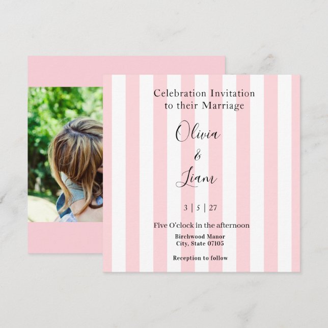 Faire-part de mariage rose et blanc à rayures phot (Devant / Derrière)
