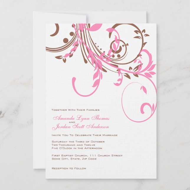 Faire-part de mariage rose et Brown double floral (Devant)