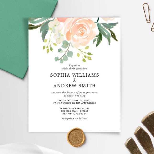 Faire-Part de Mariage Rose et Feuillage Budget (Créateur téléchargé)