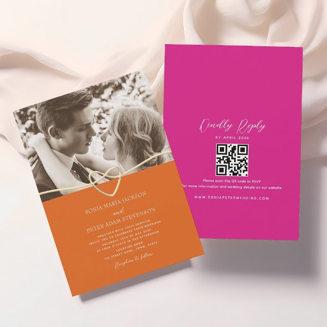 Faire-part de mariage rose et orange avec code QR (Créateur téléchargé)