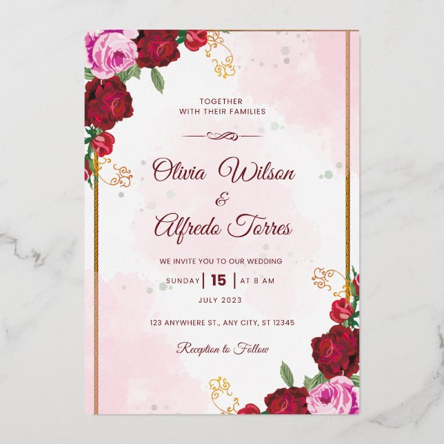 Faire-part de mariage rose et rouge élégant (Recto)