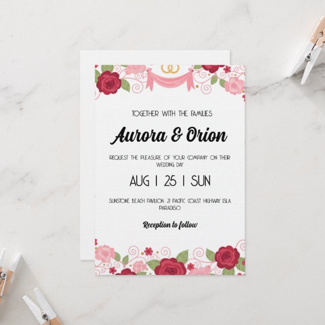 faire-part de mariage rose et rouge rétro (Devant/Arrière en situation)