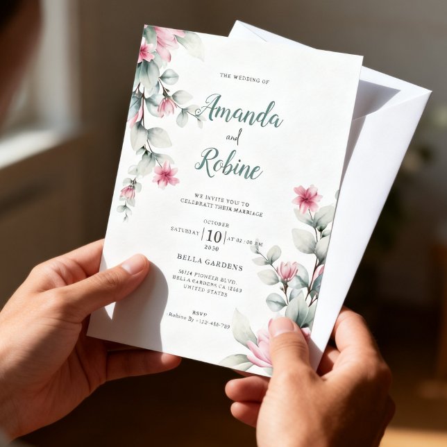 Faire-part de mariage rose et vert sauge (Créateur téléchargé)