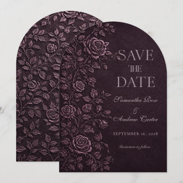 Faire-part de mariage Rose Faux Gaufrage Prune Fon (Devant / Derrière)