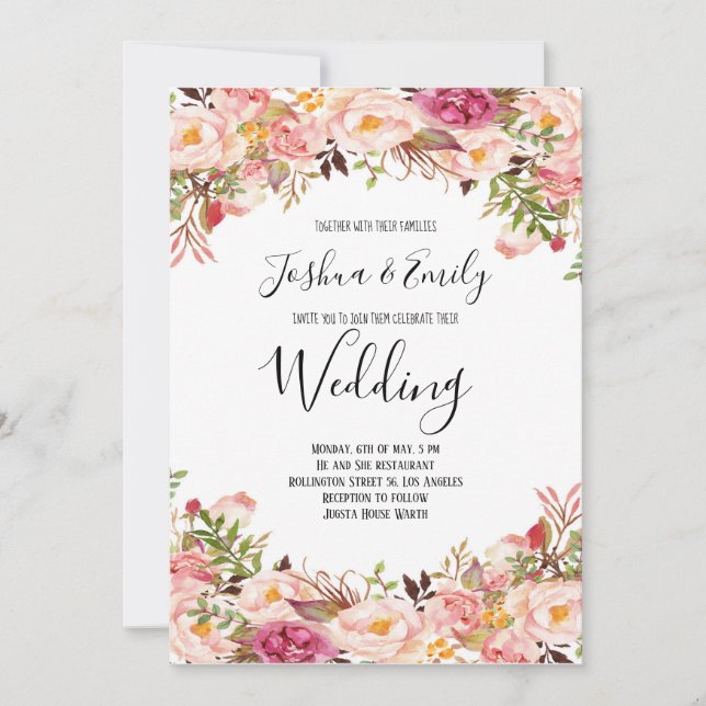 Faire-part de mariage rose floral (Devant)